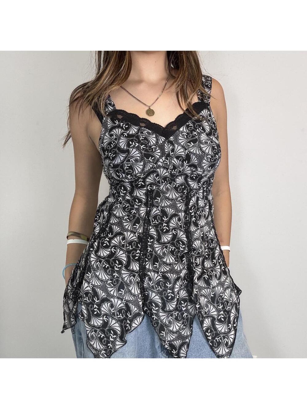 Whimsigoth fairycore black and white babydoll top lace back tie Separates small